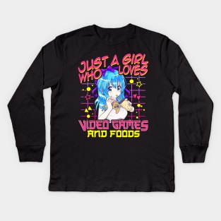 Cute Just A Girl Who Loves Video Games And Food Kids Long Sleeve T-Shirt
